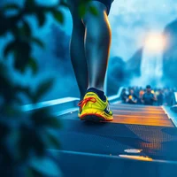 Watercolour close-up of neon trail shoes on gym stairs, headlamp beam catching sweat droplets in cool blue haze