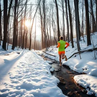 Barefoot adult runner in neon kit shuffles through snowy forest path at golden hour, volcano silhouette in distance.