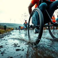 Pop-art halftone close-up of wheelchair racer's muddy wheels splashing through autumn city marathon riverside path