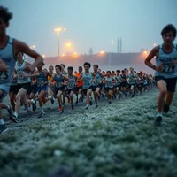Large pack of runners wearing race numbers competing on a frost-covered grass course in misty pre-dawn light