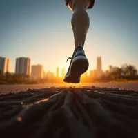 Low-angle view of runner's legs mid-stride on asphalt with city skyline against golden sunset