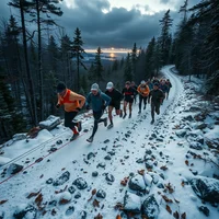 Group of runners on a snowy rocky trail through a dark forest at dusk, heading uphill
