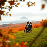Two people sharing a wheelchair on a grassy hilltop, surrounded by vivid autumn foliage with a volcano in the distance.