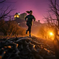 Runner on a rocky path at dusk, surrounded by bare trees under a purple and orange twilight sky