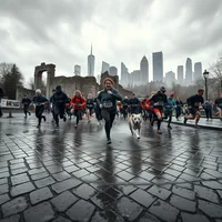 Group of runners and a dog racing across wet cobblestones with a grey city skyline in the background