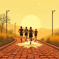 Illustrated group of four runners on a cobblestone path at sunset with golden sky and bare trees