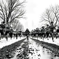 Large group of runners racing along a muddy road lined with bare trees in black-and-white photography