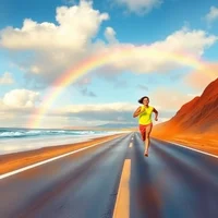 Woman in yellow top and red shorts running on coastal road beside beach under a vivid rainbow and blue sky