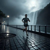 Runner in athletic gear with race bib on wet cobblestone promenade at night, large waterfall visible in background