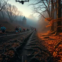 Group of runners on a muddy autumn trail in mist, with a castle silhouette in the background and a drone overhead