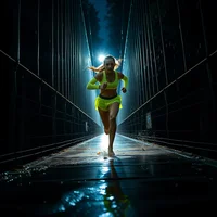 Runner in neon yellow-green outfit sprinting across a rain-wet suspension bridge at night, lit from behind.