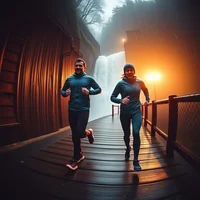 Two people jogging along a wooden boardwalk in foggy conditions with warm orange lights glowing behind them.