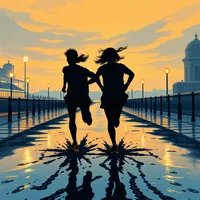 Graphic illustration of two runners silhouetted on a wet promenade at dusk with a domed building in the background