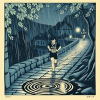 Ukiyo-e style print of a runner on a rainy cobblestone path with a spiral pattern on the ground and a lit house behind