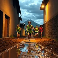 Group of runners in green outfits sprinting through a narrow village alley with puddles at dusk, mountain in background