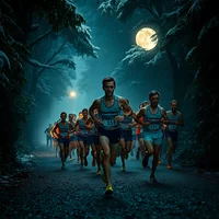 Group of runners racing along a moonlit forest path at night, wearing colourful race bibs