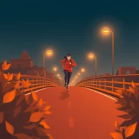 Person running alone across a bridge at night under glowing street lamps, surrounded by autumn foliage