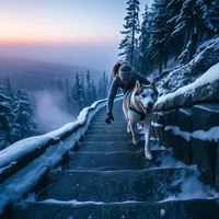 Person and husky ascending snow-covered stone stairs through a winter forest at dusk