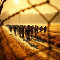 Large group of cyclists riding in a pack along a flat rural road at sunset, viewed through a chain-link fence