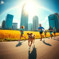 Group of runners and a dog racing on a sunny road beside a yellow field with city skyscrapers in the background.