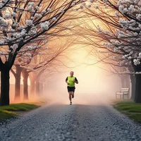 Person in yellow top jogging along a misty tree-lined path with pink blossoming branches overhead