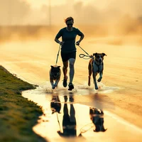 Person running with two dogs on leashes through shallow water, backlit by golden sunrise mist