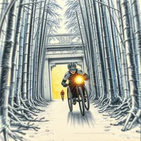 Cyclist with headlight riding through snowy bamboo forest toward a glowing yellow stone archway