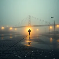 Lone runner on wet cobblestone plaza in dense fog at night, suspension bridge and glowing street lamps behind