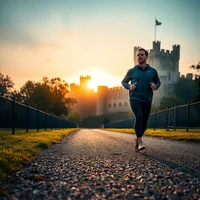 Man jogging along a tree-lined path toward a stone castle at golden-hour sunset with warm orange and teal sky