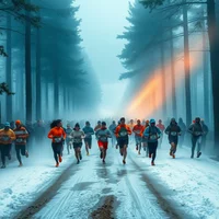 Group of runners racing along a snow-covered forest road in dense fog with orange light breaking through the trees.