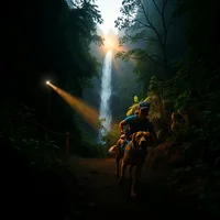 Person on horseback riding a dark forest trail toward a glowing misty waterfall with dramatic light rays