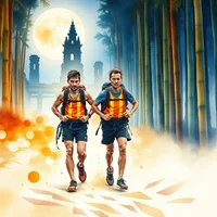 Two runners in orange-and-blue striped vests jogging through a bamboo forest with a large glowing orb and ancient ruins behind them