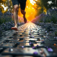 Barefoot runner on wet cobblestone path bordered by lavender, shot from ground level in golden light
