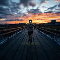 Runner on a wooden boardwalk heading toward a vivid orange and purple sunset sky