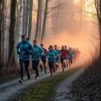 Large group of runners racing along a misty forest dirt path in early morning light