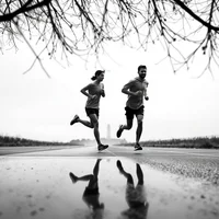 Two runners jogging side-by-side on a wet road in overcast conditions, reflected in a puddle below