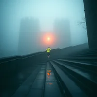 Person in yellow jacket running up wide stairs in heavy fog, with tall buildings and an orange glow in the background.