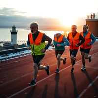 Three older adults in hi-vis vests running together on a red athletics track at sunrise, lighthouse in background