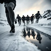 Group of runners on a snowy wet road, reflected in a foreground puddle, viewed from low angle