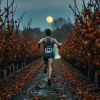 Runner in race bib sprinting between rows of autumn trees under a full moon at night
