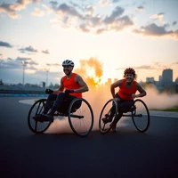 Two wheelchair racers in red kits race side-by-side on a road at dusk, large orange fireball blazing between them.