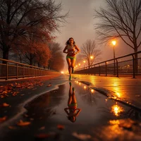 Woman running on wet path at night, orange street lamps reflecting in puddles, autumn leaves on ground