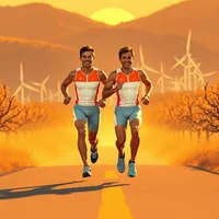 Two runners in orange and white athletic gear running on a road at sunset with wind turbines in the background