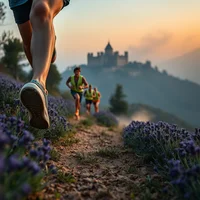 Trail runners ascending a dirt path with purple wildflowers, a hilltop castle and sunset sky in the background