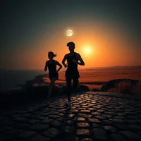 Two runners silhouetted on cobblestone path at dusk with moon and glowing orange sunset reflected on water
