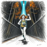 Female runner in green jersey, fist raised, surging across a bridge with a bright blue light beam overhead and orange autumn trees.