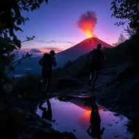 Two silhouetted hikers on a dark trail with a volcano erupting orange fire and smoke against a purple twilight sky.