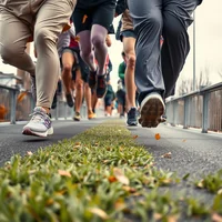 Low-angle view of a group of runners' legs and feet on a paved path beside a grass verge