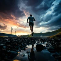 Runner silhouetted against dramatic storm clouds and sunset sky on a wet rocky path with puddle reflection