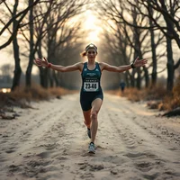 Runner with arms spread wide wearing race bib on a sandy tree-lined path at dusk